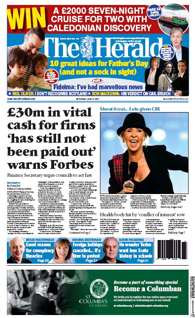 The Herald Newspaper Front Page (UK) for 12 June 2021