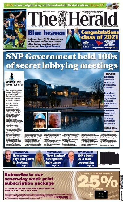 The Herald Newspaper Front Page (UK) for 12 July 2021
