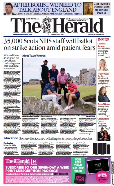 The Herald Newspaper Front Page (UK) for 12 July 2022