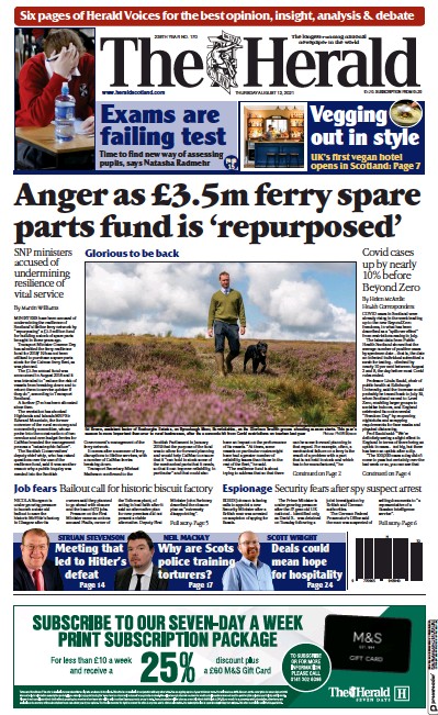 The Herald Newspaper Front Page (UK) for 12 August 2021
