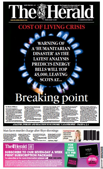 The Herald Newspaper Front Page (UK) for 12 August 2022
