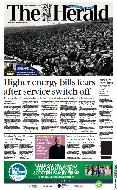 The Herald Newspaper Front Page (UK) for 12 September 2023