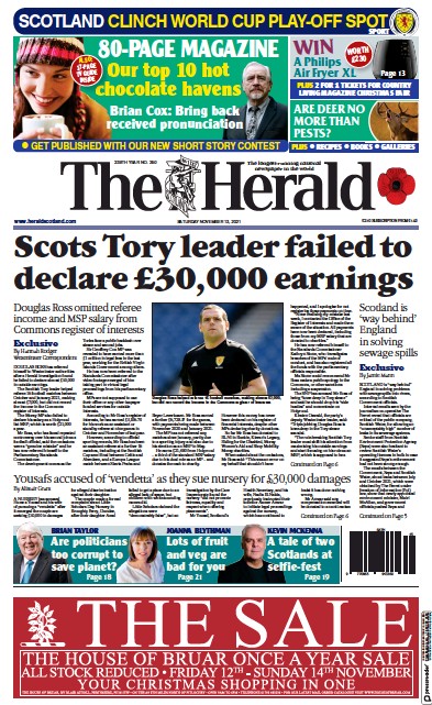 The Herald Newspaper Front Page (UK) for 13 November 2021