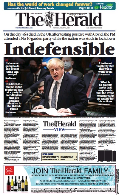 The Herald Newspaper Front Page (UK) for 13 January 2022