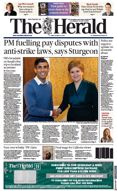 The Herald Newspaper Front Page (UK) for 13 January 2023