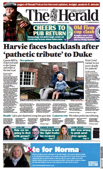 The Herald Newspaper Front Page (UK) for 13 April 2021