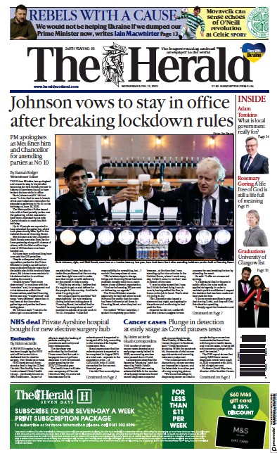 The Herald Newspaper Front Page (UK) for 13 April 2022