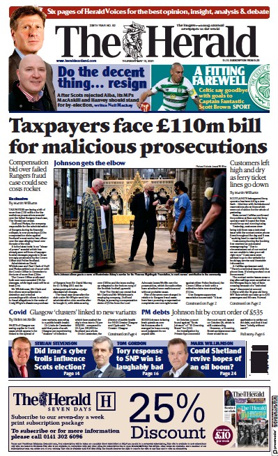 The Herald Newspaper Front Page (UK) for 13 May 2021