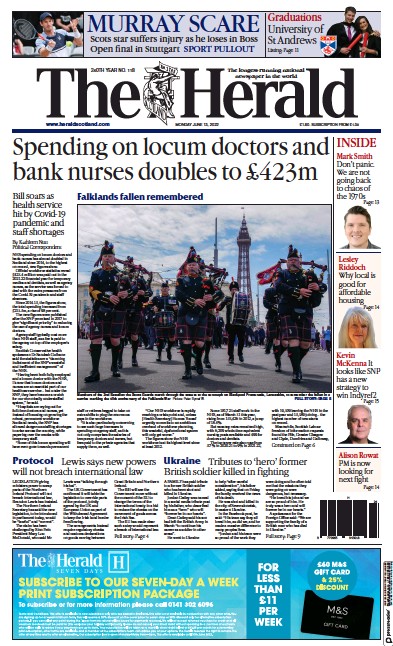 The Herald Newspaper Front Page (UK) for 13 June 2022