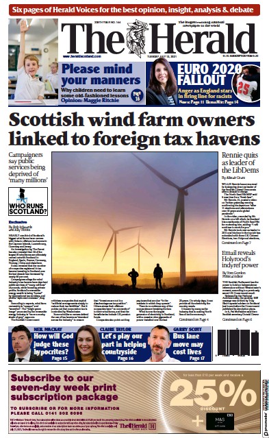 The Herald Newspaper Front Page (UK) for 13 July 2021