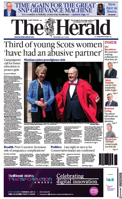 The Herald Newspaper Front Page (UK) for 13 July 2022