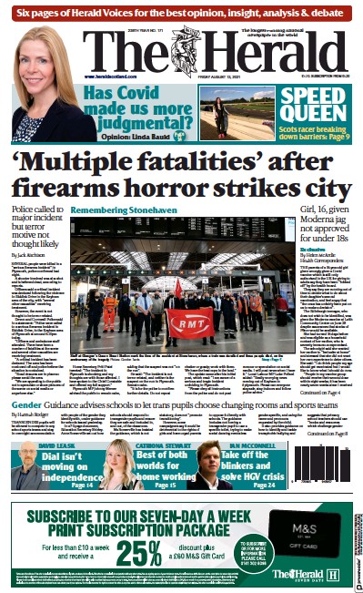 The Herald Newspaper Front Page (UK) for 13 August 2021