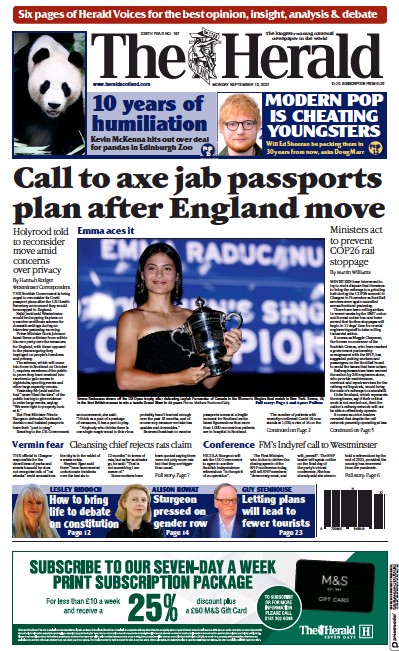 The Herald Newspaper Front Page (UK) for 13 September 2021