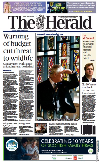 The Herald Newspaper Front Page (UK) for 14 October 2022