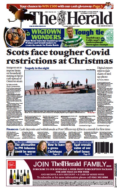 The Herald Newspaper Front Page (UK) for 14 December 2021
