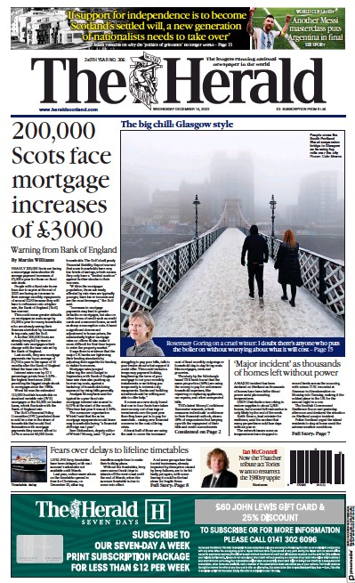The Herald Newspaper Front Page (UK) for 14 December 2022