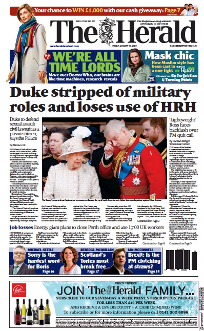 The Herald Newspaper Front Page (UK) for 14 January 2022