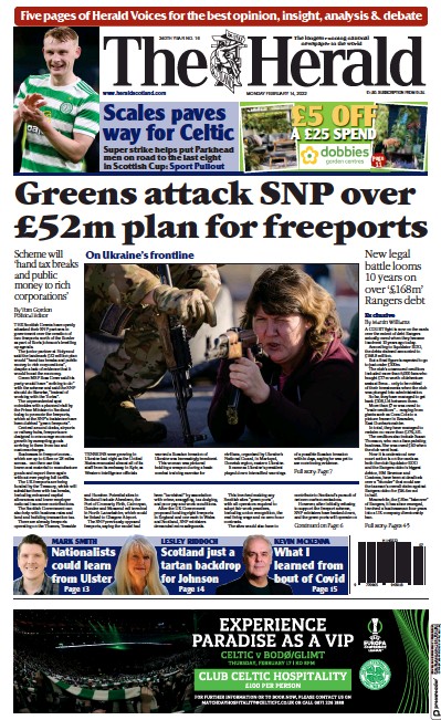 The Herald Newspaper Front Page (UK) for 14 February 2022