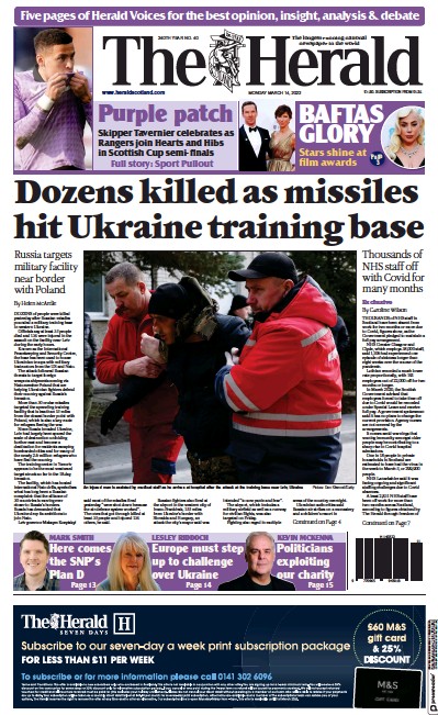 The Herald Newspaper Front Page (UK) for 14 March 2022