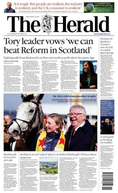 The Herald Newspaper Front Page (UK) for 14 March 2025