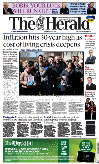 The Herald Newspaper Front Page (UK) for 14 April 2022