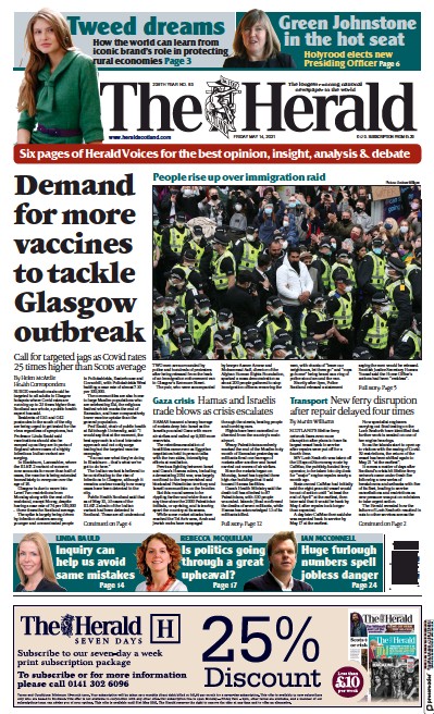 The Herald Newspaper Front Page (UK) for 14 May 2021