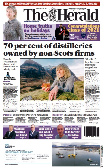 The Herald Newspaper Front Page (UK) for 14 July 2021