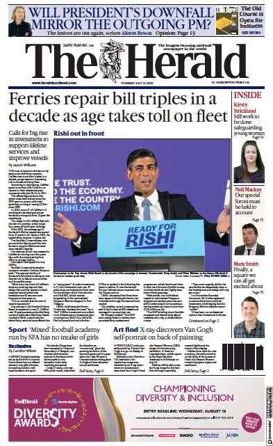 The Herald Newspaper Front Page (UK) for 14 July 2022