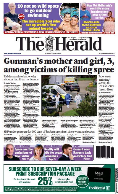 The Herald Newspaper Front Page (UK) for 14 August 2021