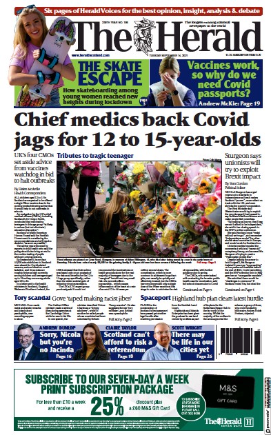 The Herald Newspaper Front Page (UK) for 14 September 2021