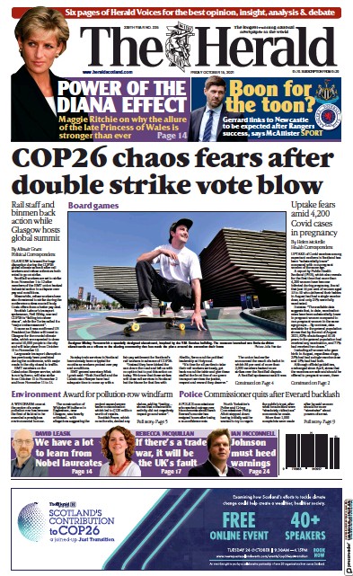The Herald Newspaper Front Page (UK) for 15 October 2021