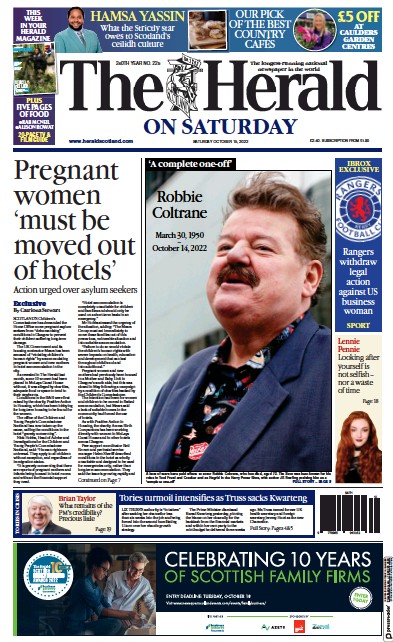 The Herald Newspaper Front Page (UK) for 15 October 2022