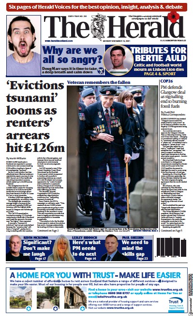 The Herald Newspaper Front Page (UK) for 15 November 2021