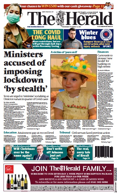 The Herald Newspaper Front Page (UK) for 15 December 2021