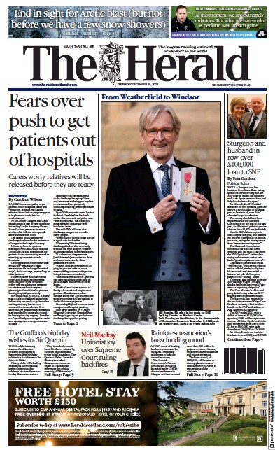 The Herald Newspaper Front Page (UK) for 15 December 2022
