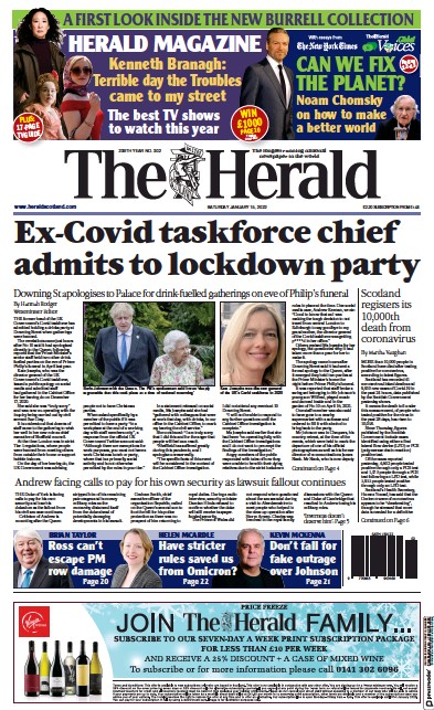 The Herald Newspaper Front Page (UK) for 15 January 2022