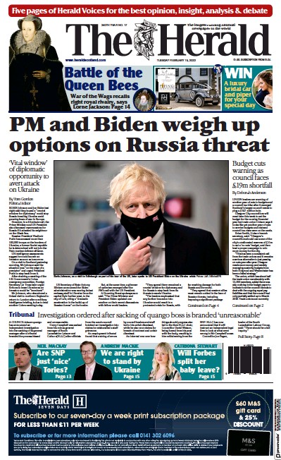 The Herald Newspaper Front Page (UK) for 15 February 2022