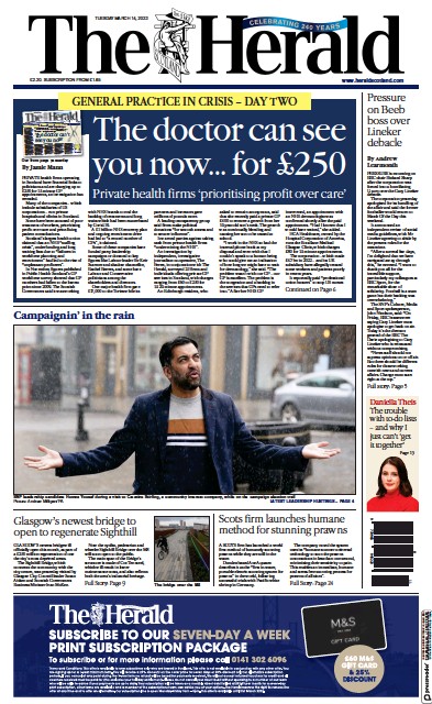 The Herald Newspaper Front Page (UK) for 15 March 2023