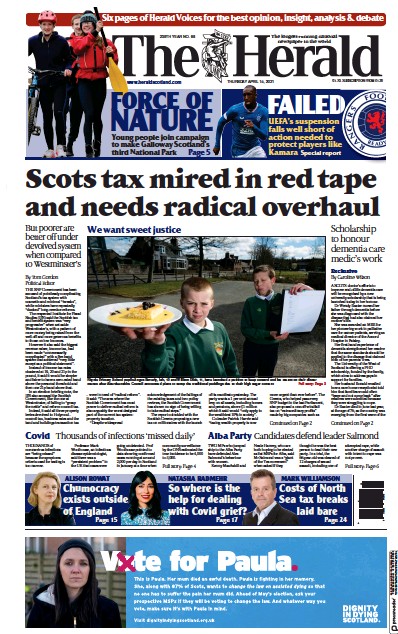 The Herald Newspaper Front Page (UK) for 15 April 2021