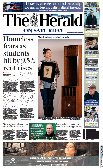 The Herald Newspaper Front Page (UK) for 15 April 2023