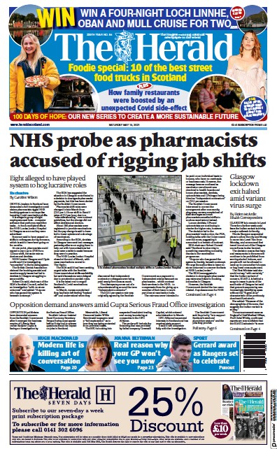 The Herald Newspaper Front Page (UK) for 15 May 2021