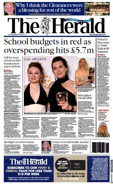 The Herald Newspaper Front Page (UK) for 15 May 2023