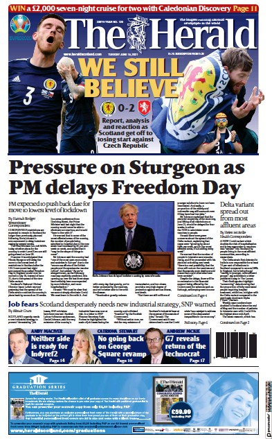 The Herald Newspaper Front Page (UK) for 15 June 2021