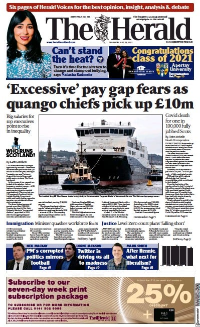 The Herald Newspaper Front Page (UK) for 15 July 2021