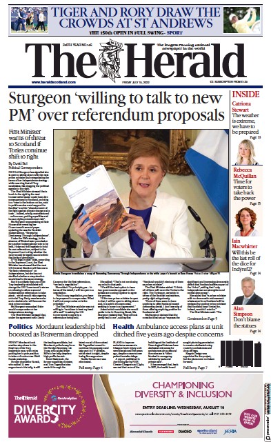 The Herald Newspaper Front Page (UK) for 15 July 2022