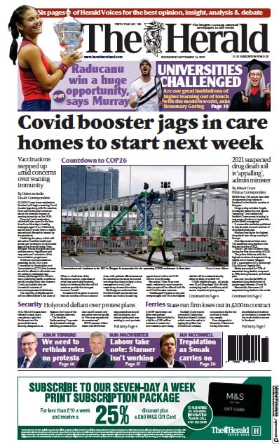 The Herald Newspaper Front Page (UK) for 15 September 2021