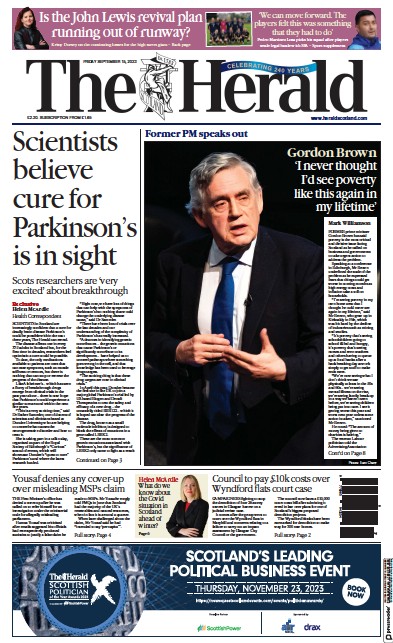The Herald Newspaper Front Page (UK) for 15 September 2023