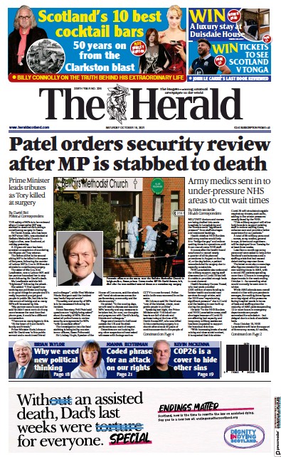 The Herald Newspaper Front Page (UK) for 16 October 2021