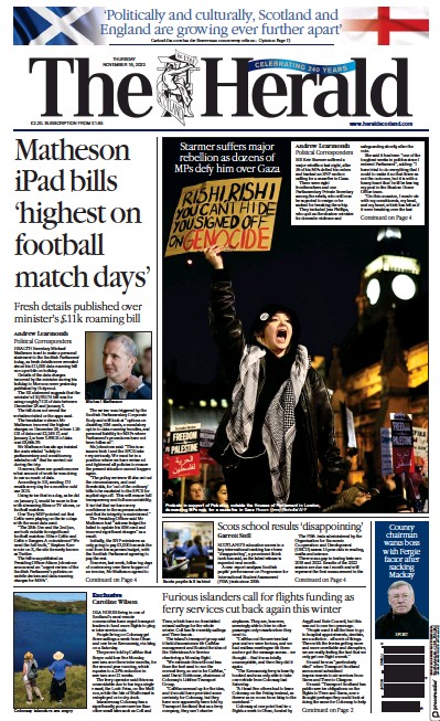 The Herald Newspaper Front Page (UK) for 16 November 2023