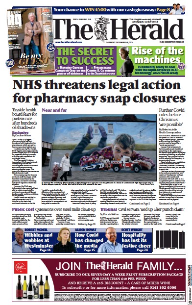 The Herald Newspaper Front Page (UK) for 16 December 2021